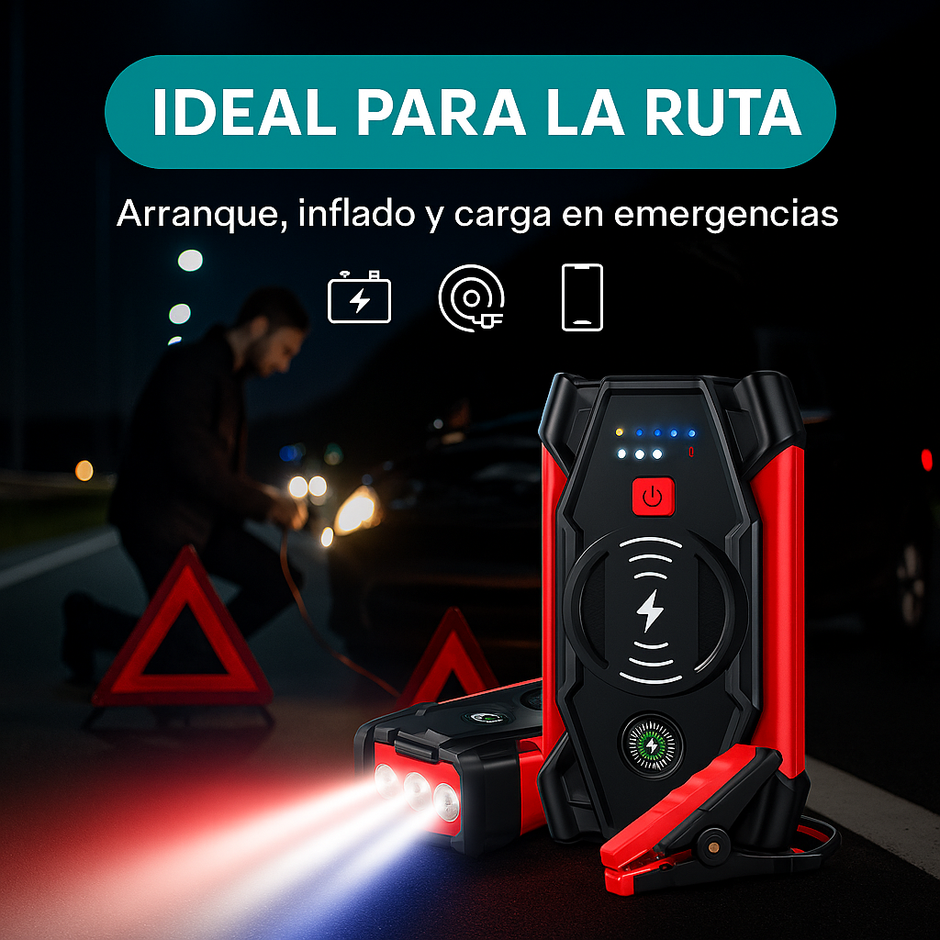 Arrancador Inflador Vehículo Celulares Power Bank Linterna