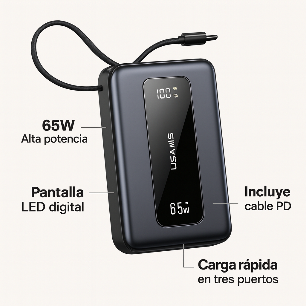 Power Bank 20.000mah Carga Super Rapida 65w Con Pantalla Lcd