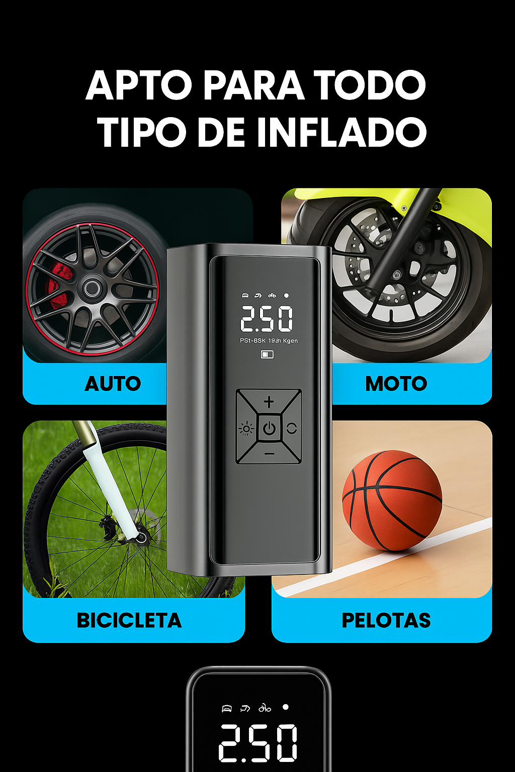 Inflador Auto Moto Compresor Aire Portátil Recargable 150psi